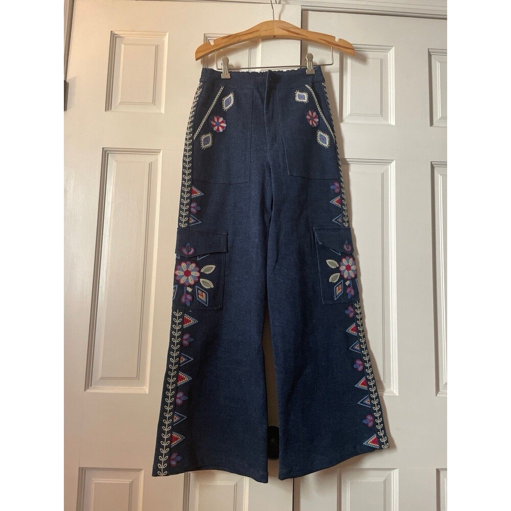 Johnny Was Workshop Floral Embroidered Wide Leg Denim Cargo Pants Blue Boho XS